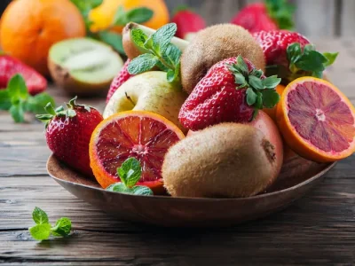 frutas frescas tazón madera